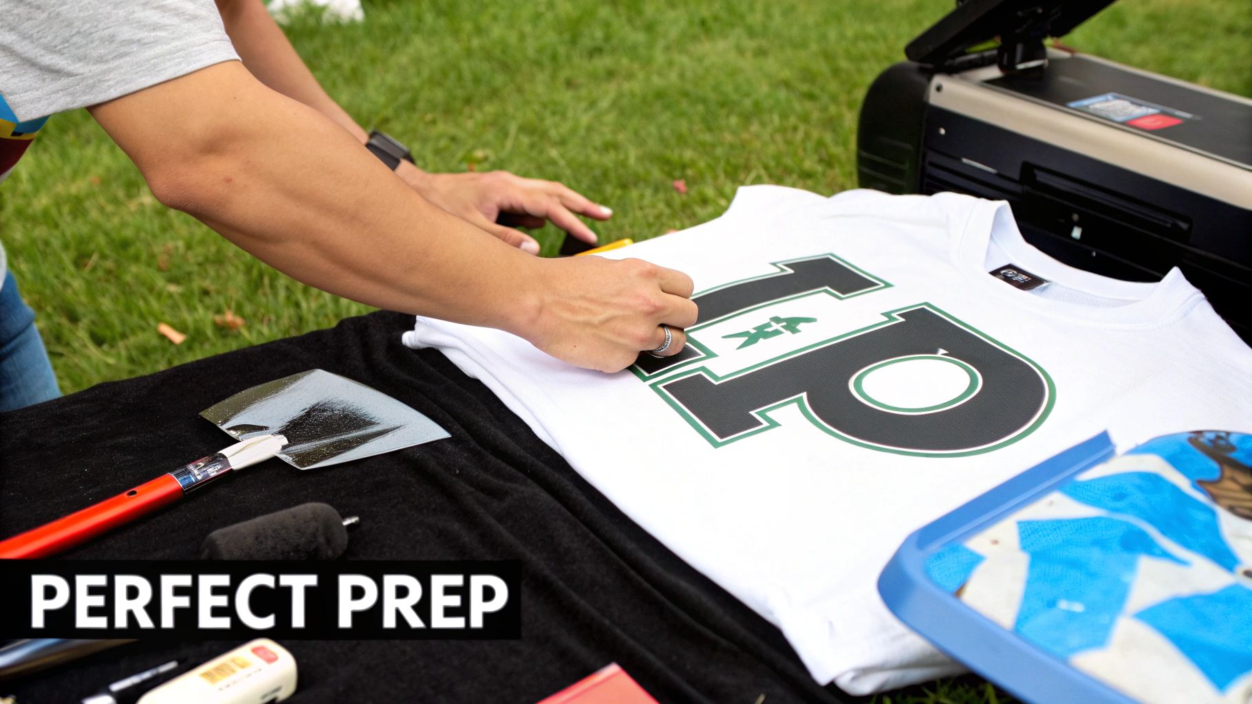 A person weeding a heat transfer vinyl design with a sharp tool on a craft mat.