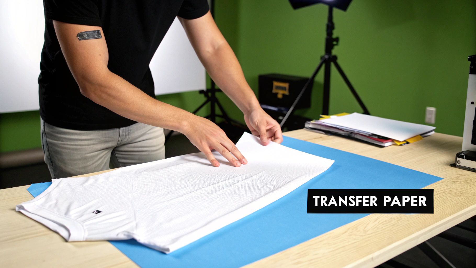 A person holding a custom-printed t-shirt made with transfer paper