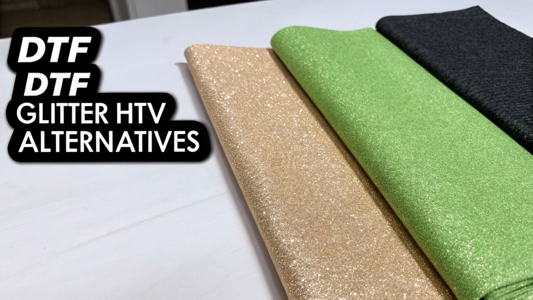 Three rolls of material, gold glitter, green glitter, and black textured, with text 'DTF Glitter HTV Alternatives'.