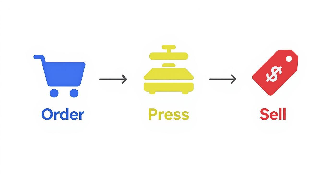 A graphic illustrating the three-step process: Order (shopping cart), Press (heat press machine), and Sell (price tag).