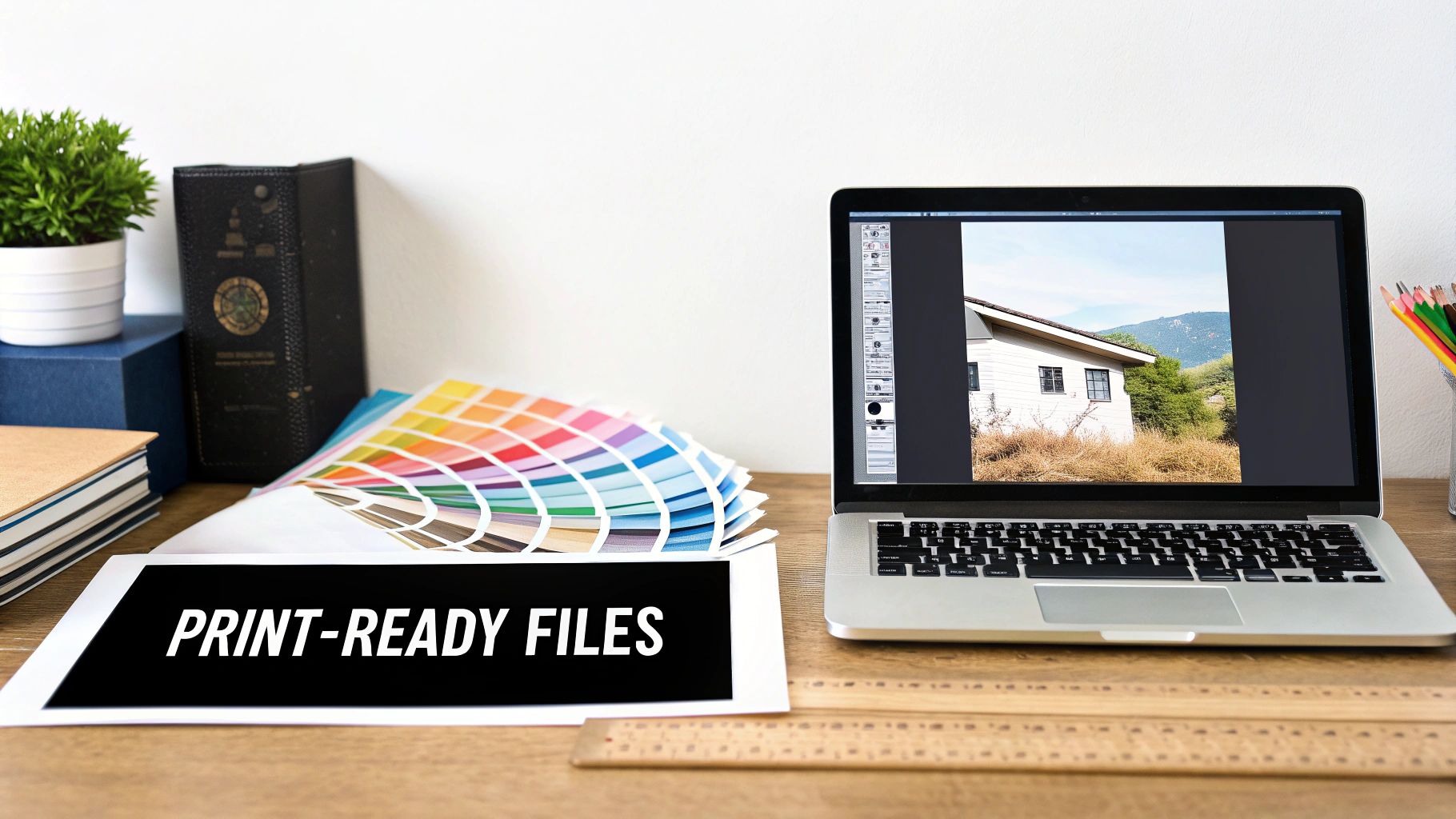 A designer's desk with a laptop showing photo editing, color swatches, and a document labeled 'Print-Ready Files'.
