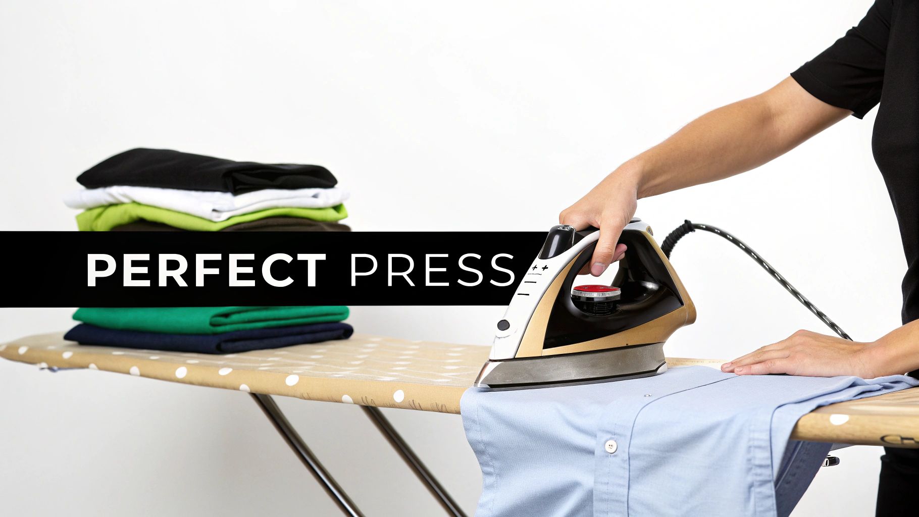 A person ironing a blue shirt on an ironing board, with 'PERFECT PRESS' text and folded clothes.