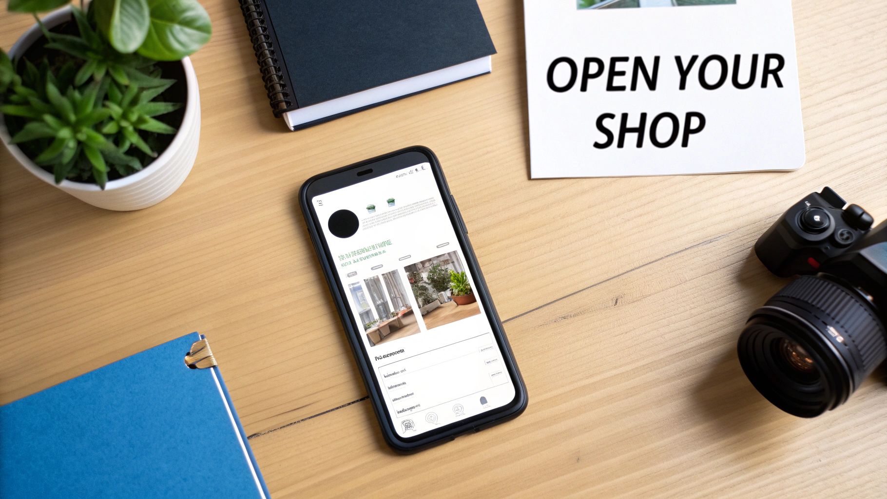 Flat lay of a desk with a smartphone displaying an online shop, camera, plant, and 'OPEN YOUR SHOP' sign.