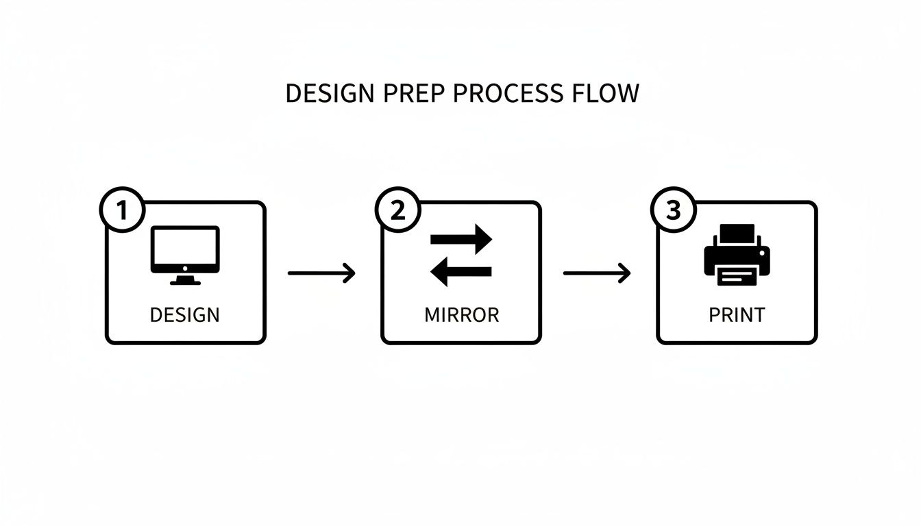 A flowchart illustrating the design preparation process, showing steps for design, mirror, and print.