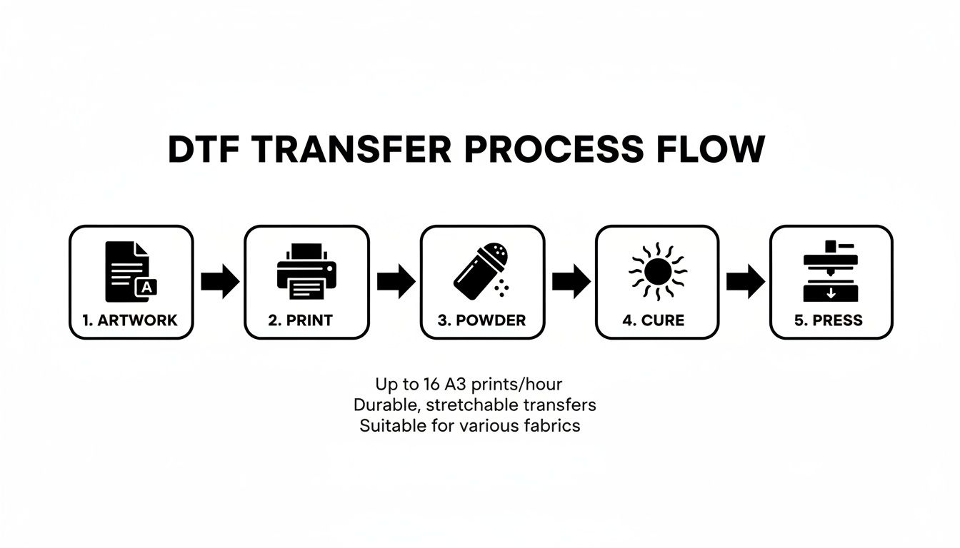 A DTF transfer process flow diagram showing five steps: Artwork, Print, Powder, Cure, and Press.