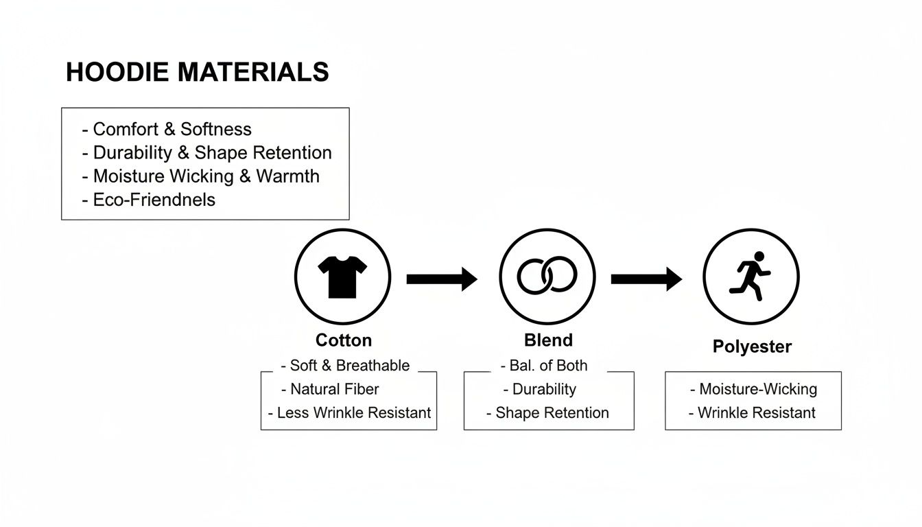 Diagram illustrating hoodie materials: Cotton, Blend, and Polyester, highlighting their key characteristics.