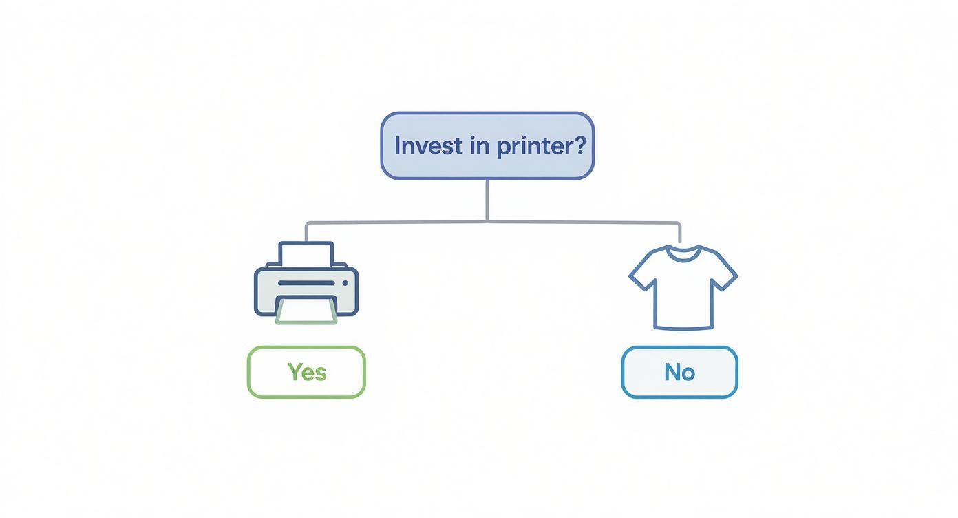 Decision tree: 'Invest in printer?' branches to 'Yes' (printer) or 'No' (t-shirt).