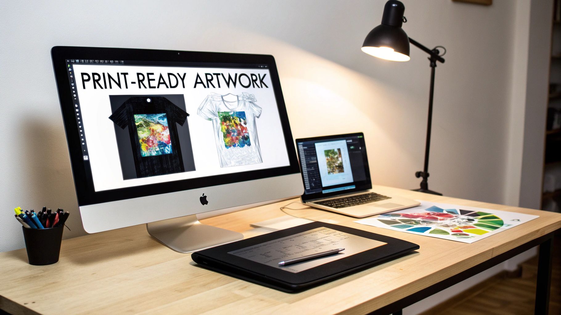Modern design workspace with an iMac showing print-ready t-shirt artwork, a laptop, and graphic tablet.