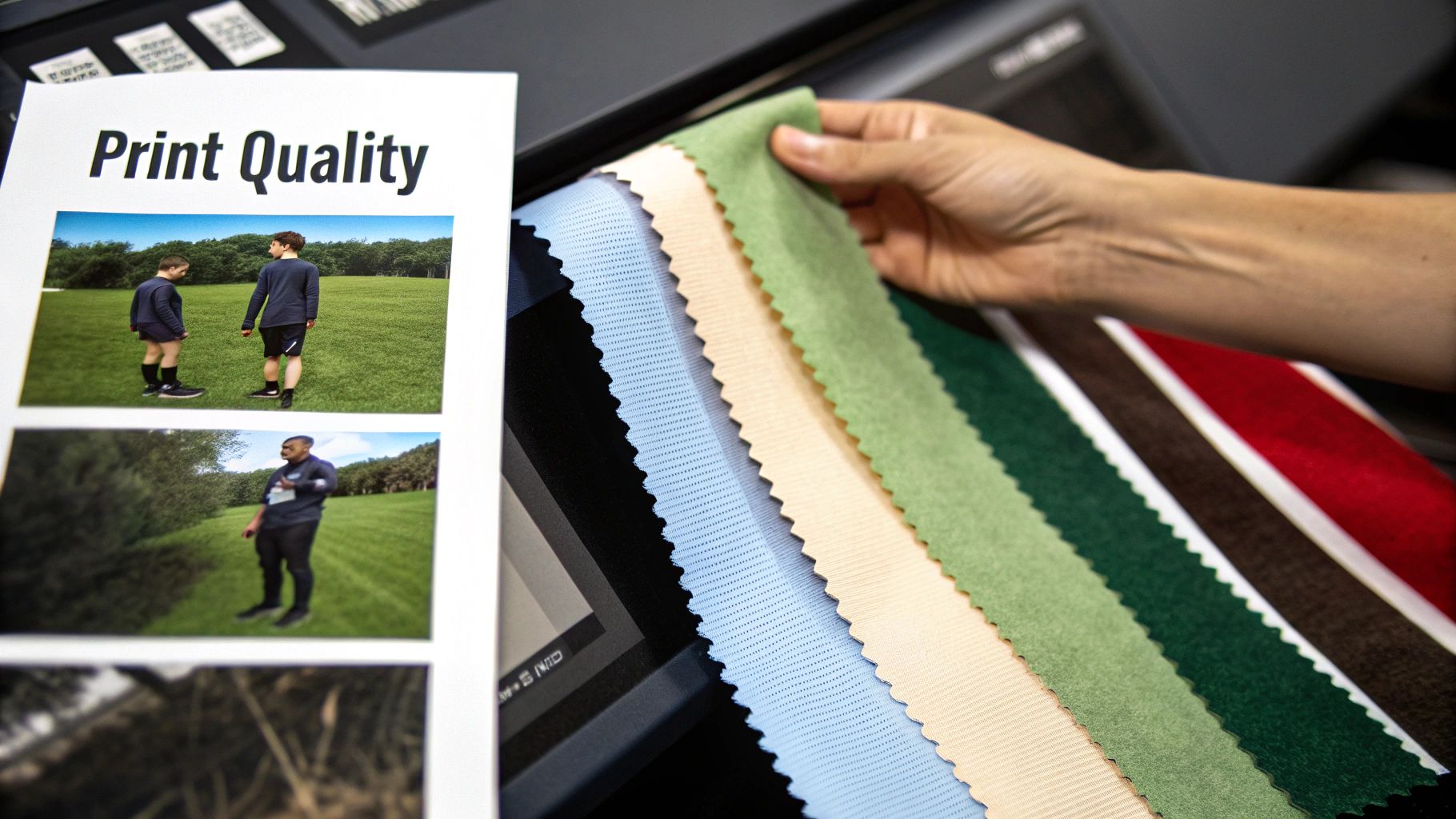 A hand holds various fabric swatches next to a document showcasing 'Print Quality' with printed images.