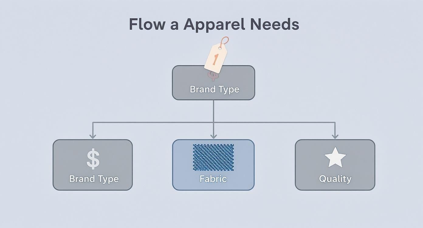A flowchart showing apparel needs factors: Brand Type, Fabric, and Quality, derived from a primary Brand Type.