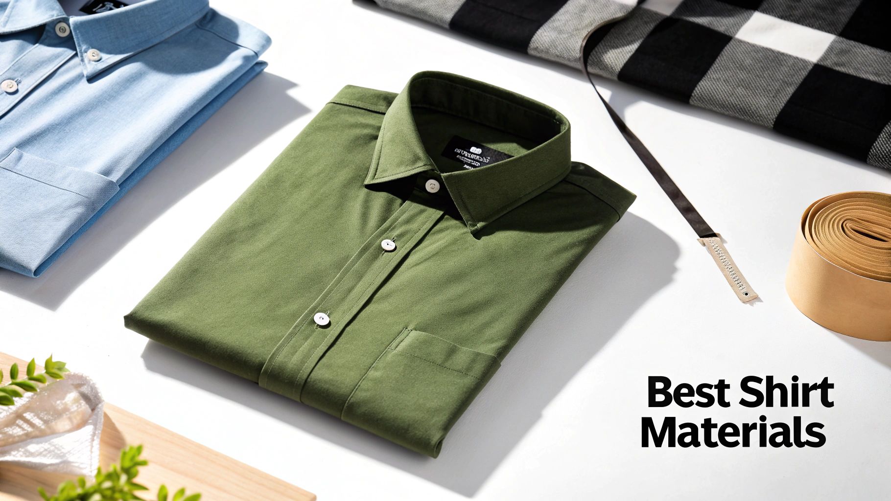 Two folded shirts, light blue and olive green, with various fabric samples, for best shirt materials.