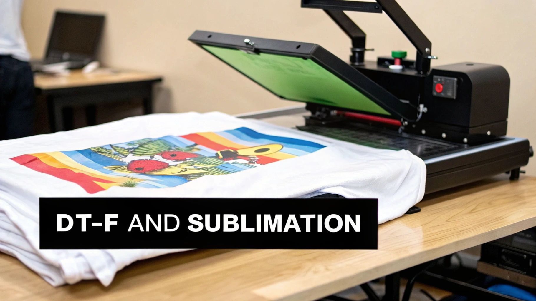 A heat press machine applying a design to a shirt
