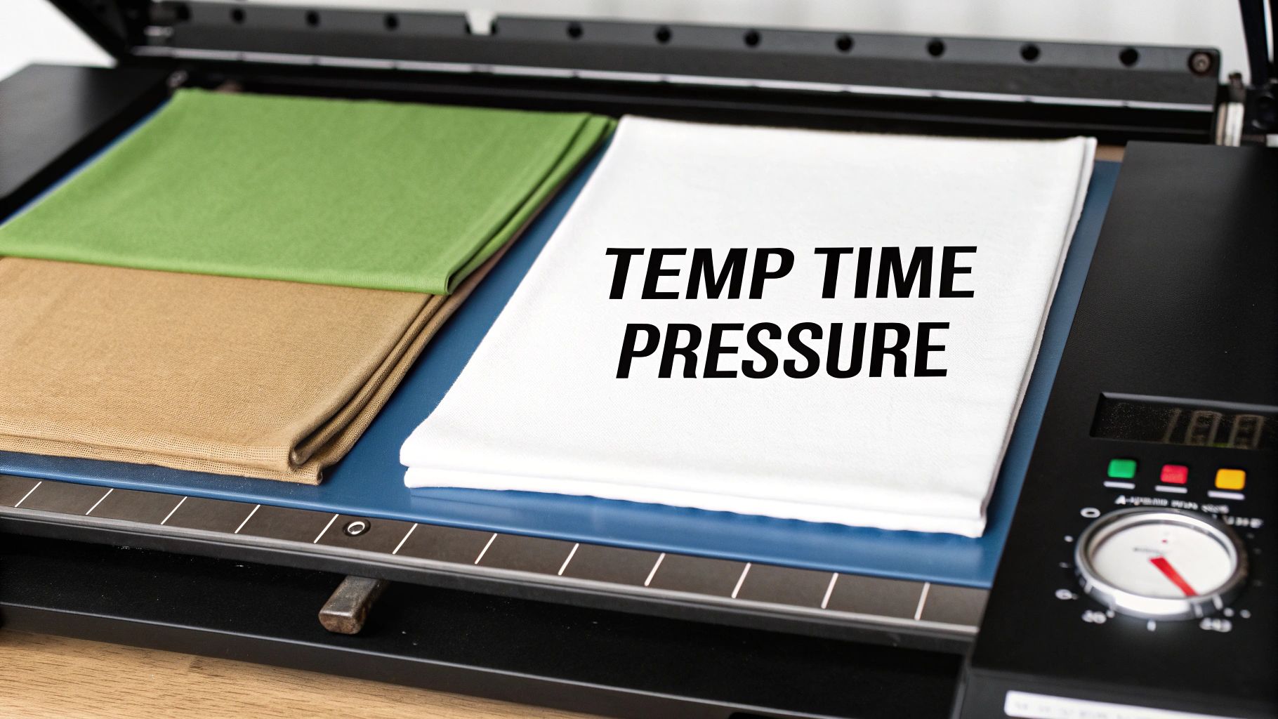 A heat press machine with green, brown, and white fabrics, showing "TEMP TIME PRESSURE" on the white one.