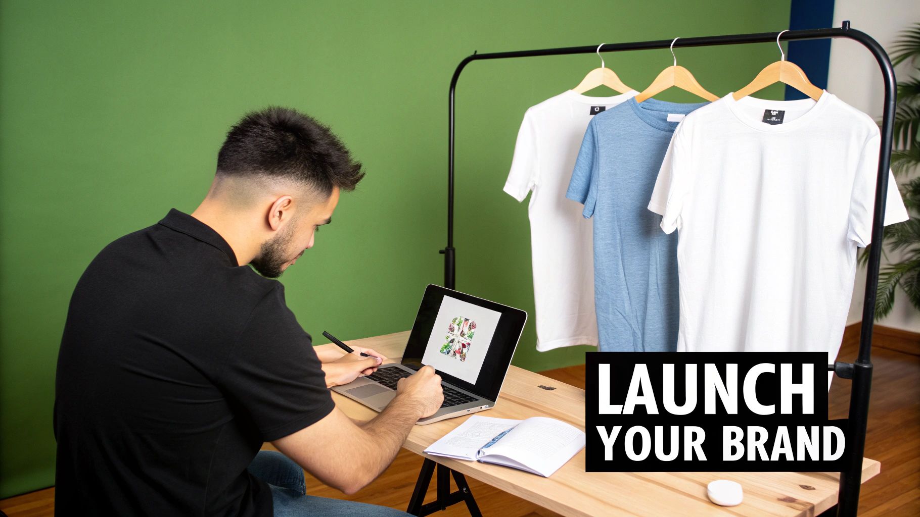 A man works on a laptop, designing t-shirts for his new clothing brand, with shirts hanging nearby.