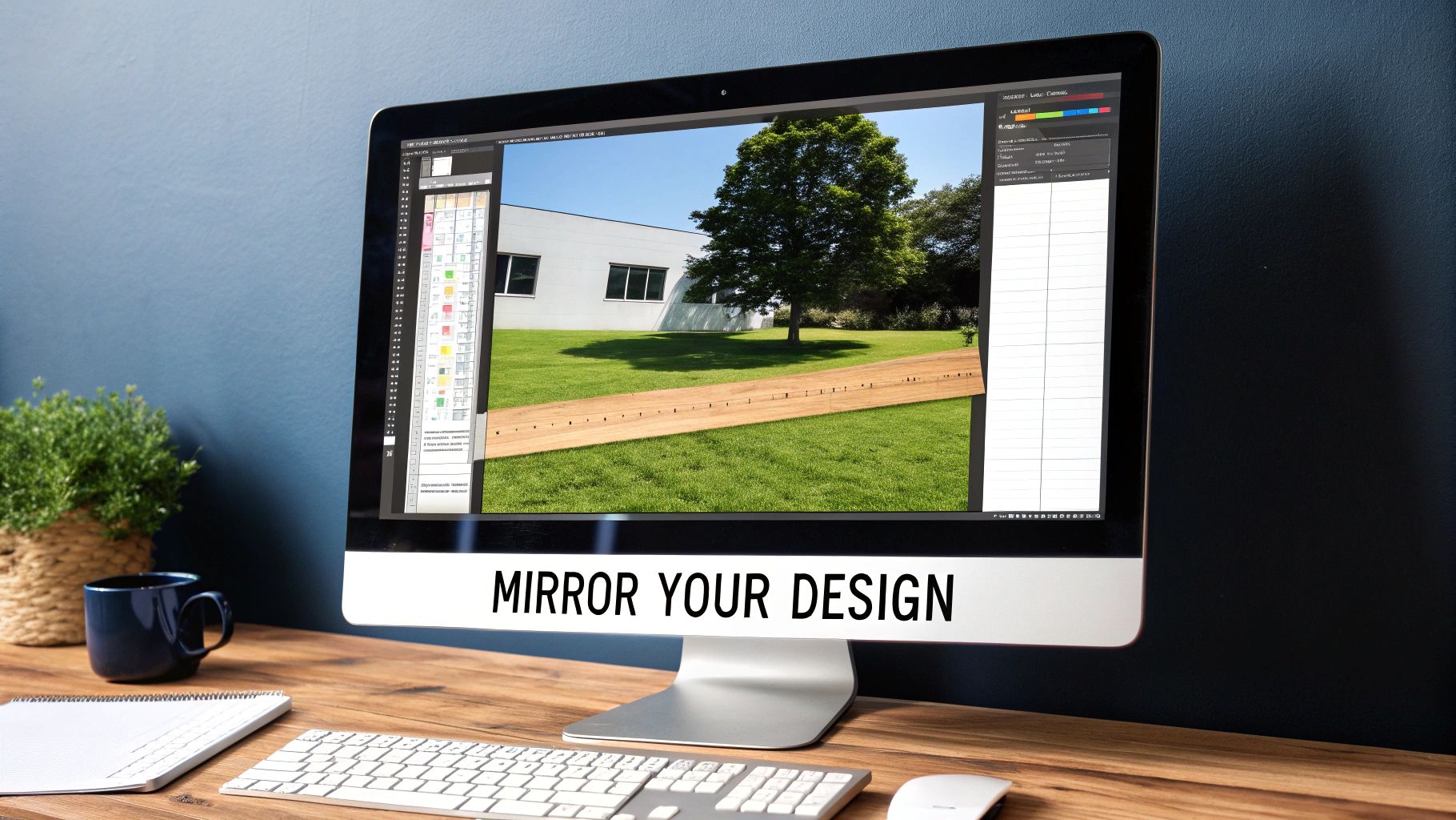 A computer on a wooden desk displays a landscape design, with a keyboard, mouse, and plant nearby.