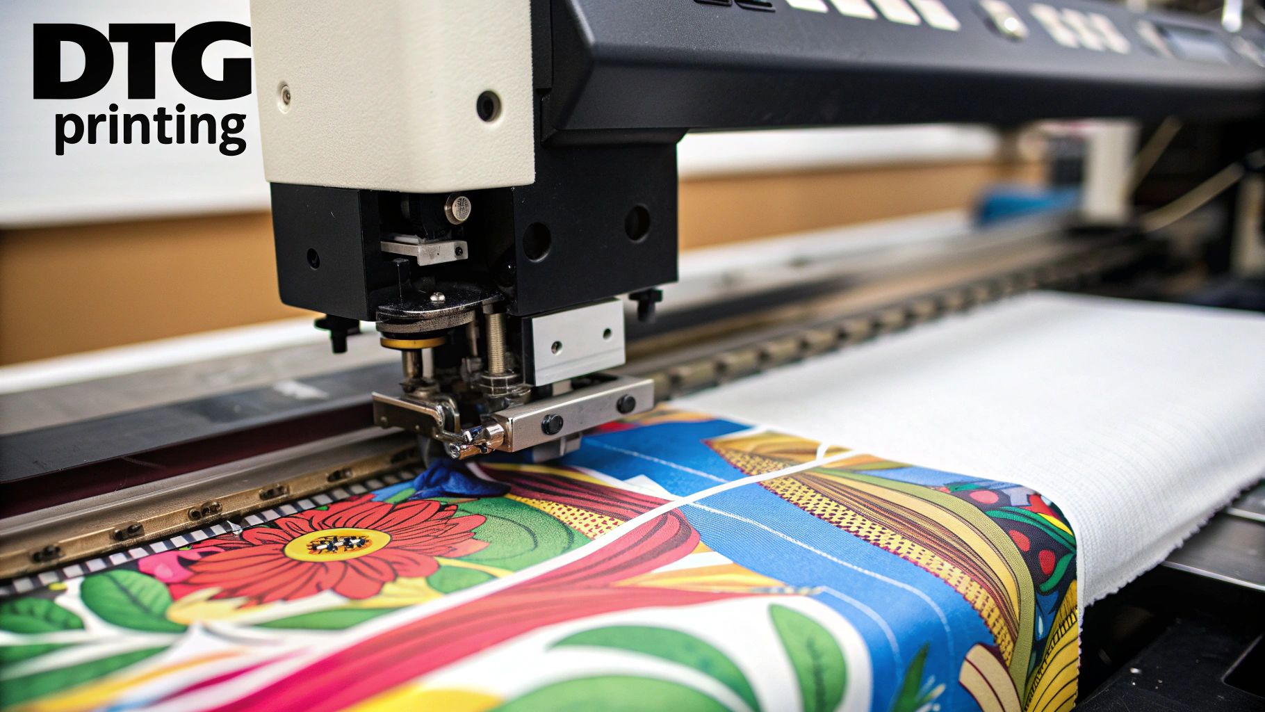 A DTG printer head moving over a t-shirt, applying a colorful and intricate design.