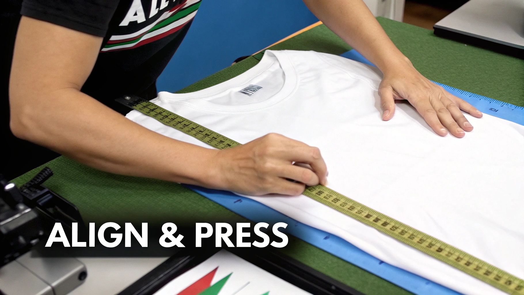A person aligning a design on a T-shirt laid on a T-shirt laid on a heat press machine platen.