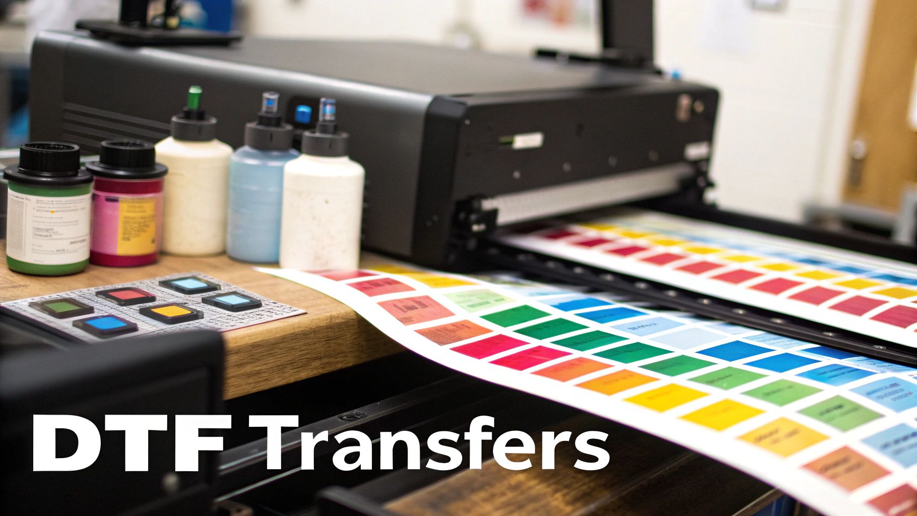 A vibrant DTF transfer sheet showing a colorful design of a raccoon, ready to be pressed onto a t-shirt.