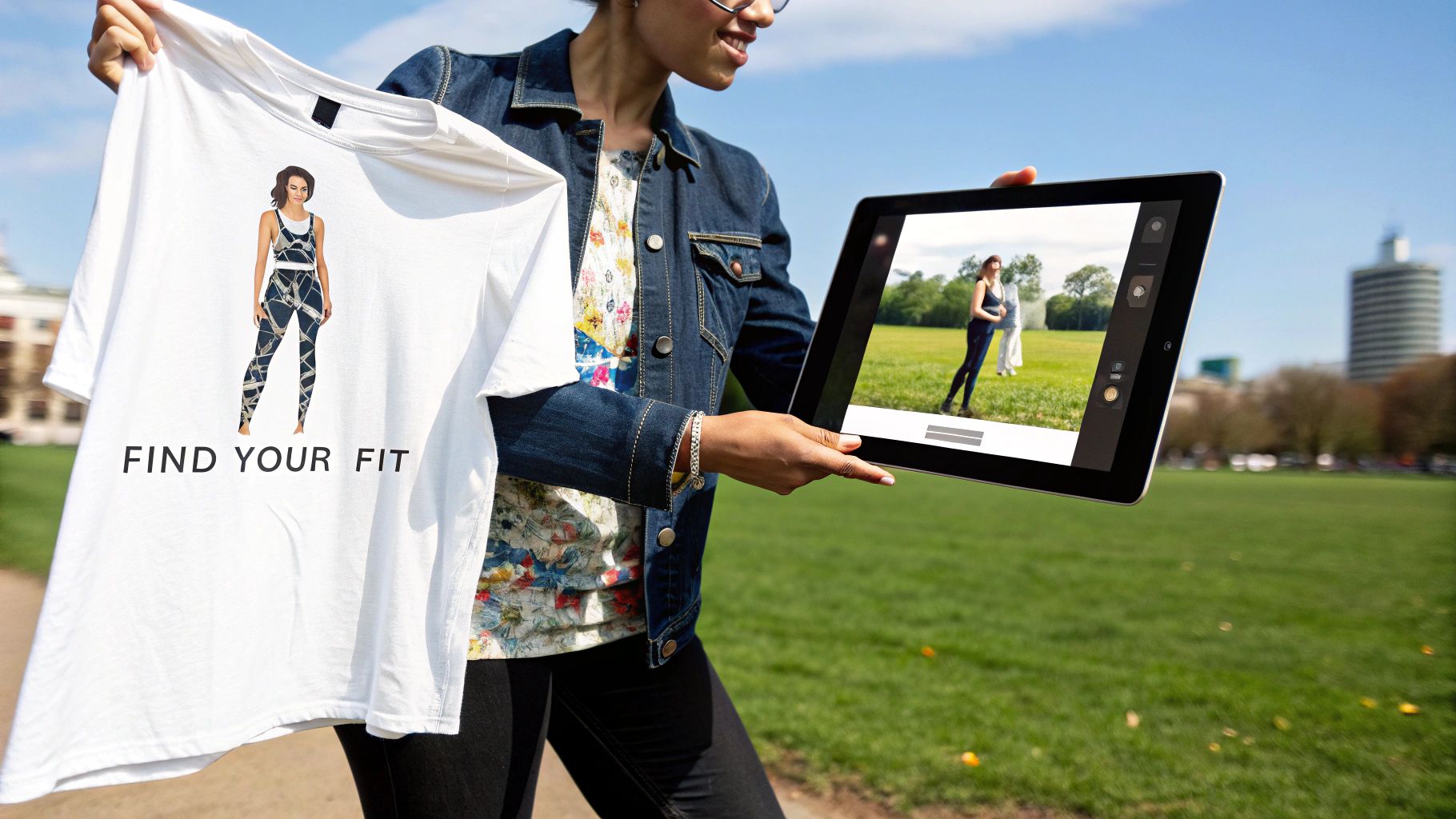 A person proudly wearing a custom-printed t-shirt with a complex, colorful design.