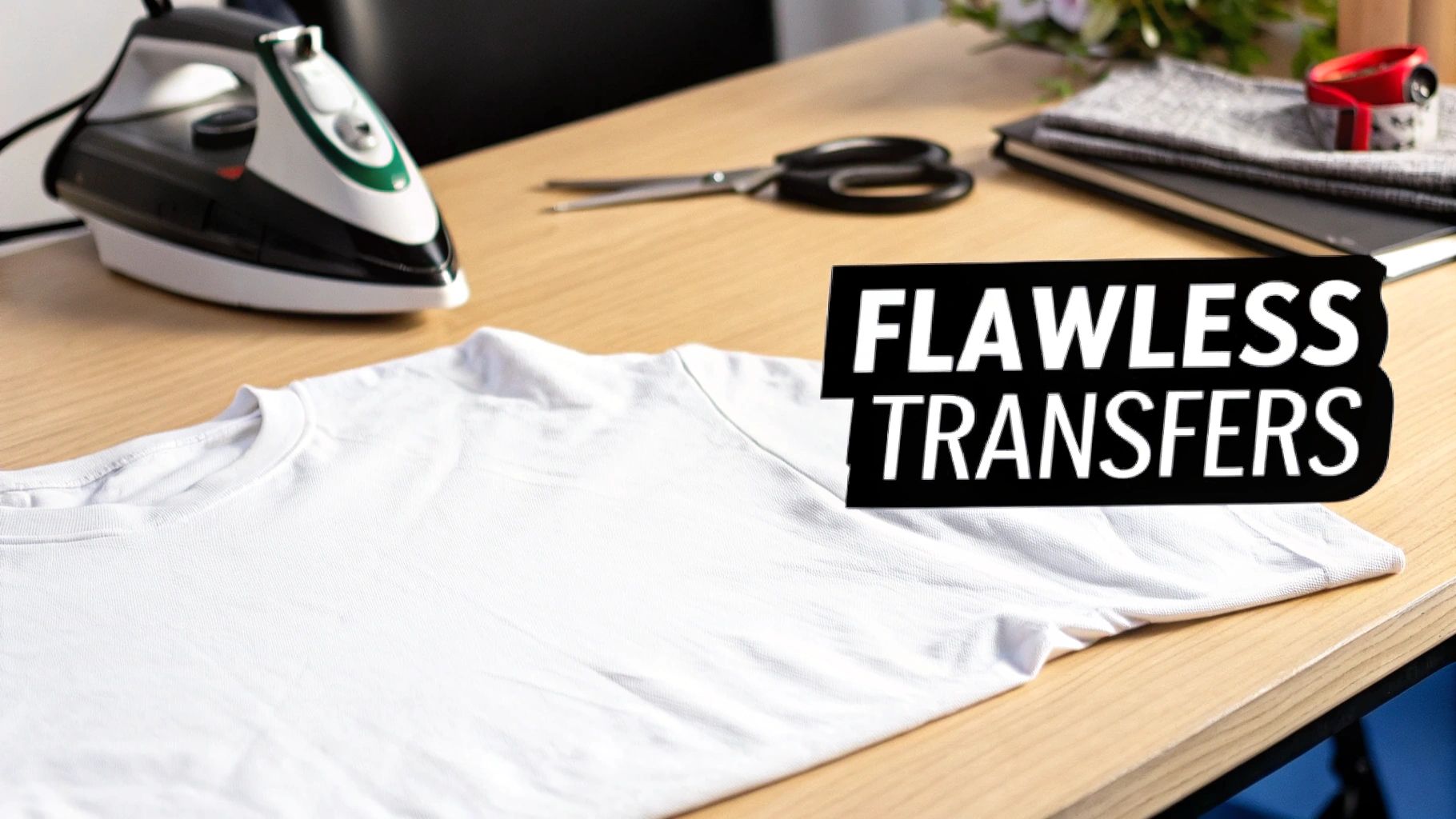 A person using a heat press to apply a design to a white t-shirt.