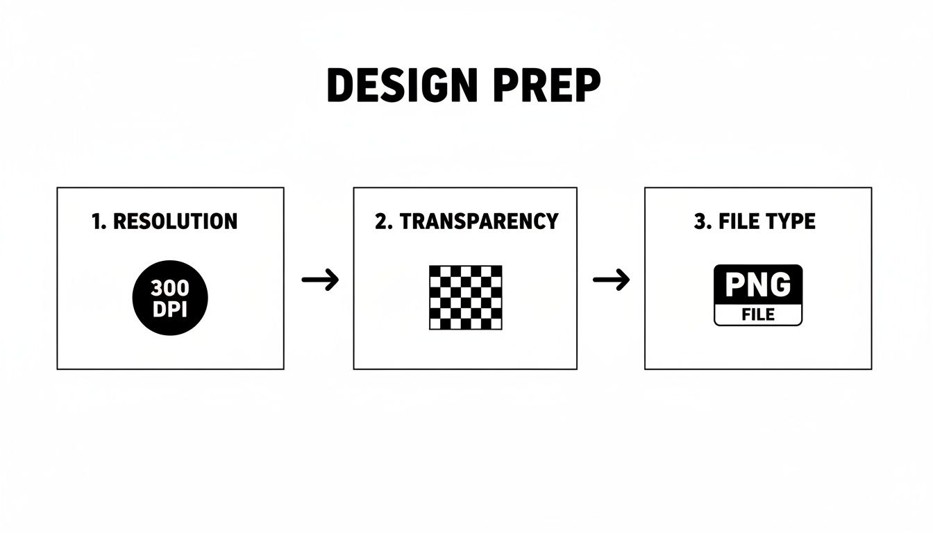 Infographic detailing three design preparation steps: resolution (300 DPI), transparency, and PNG file type.