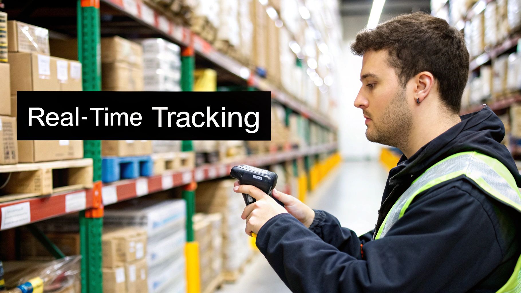 A warehouse worker uses a handheld scanner to track inventory boxes on a shelf, representing real-time inventory tracking in action.