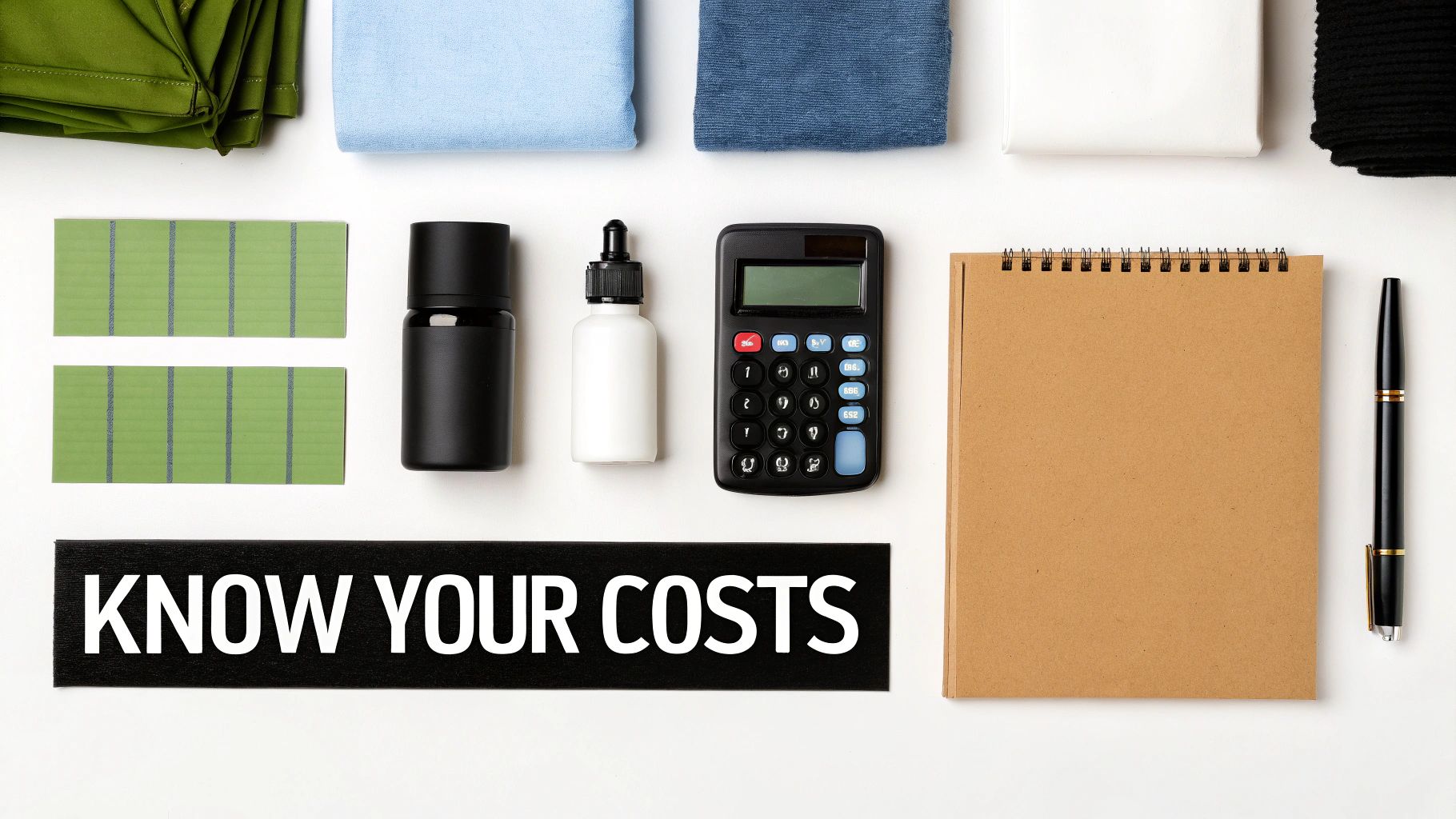 Desk flat lay showing a calculator, notebook, pen, fabric, bottles, and a 'KNOW YOUR COSTS' sign.