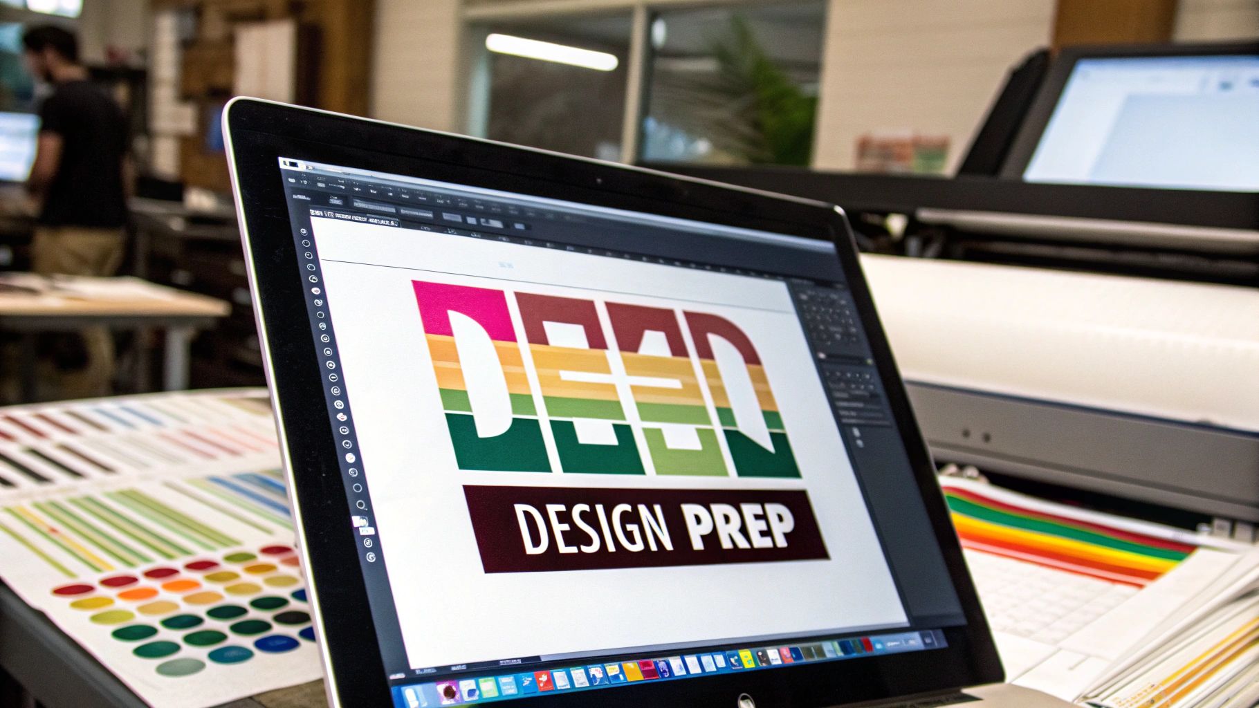 A graphic designer mirroring an image on a computer screen before printing it on transfer paper.