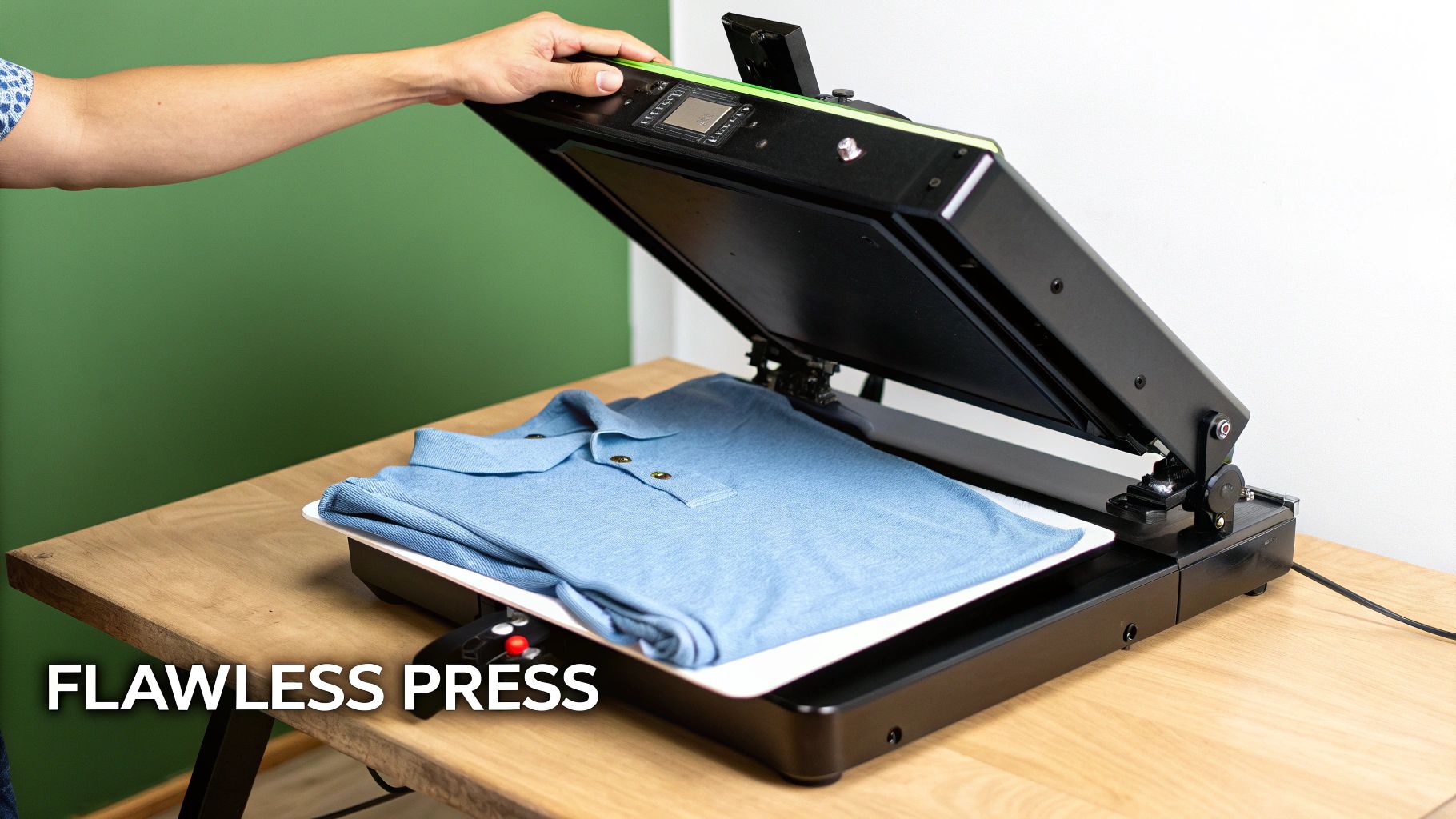 A heat press machine with a T-shirt on the platen, ready for pressing.