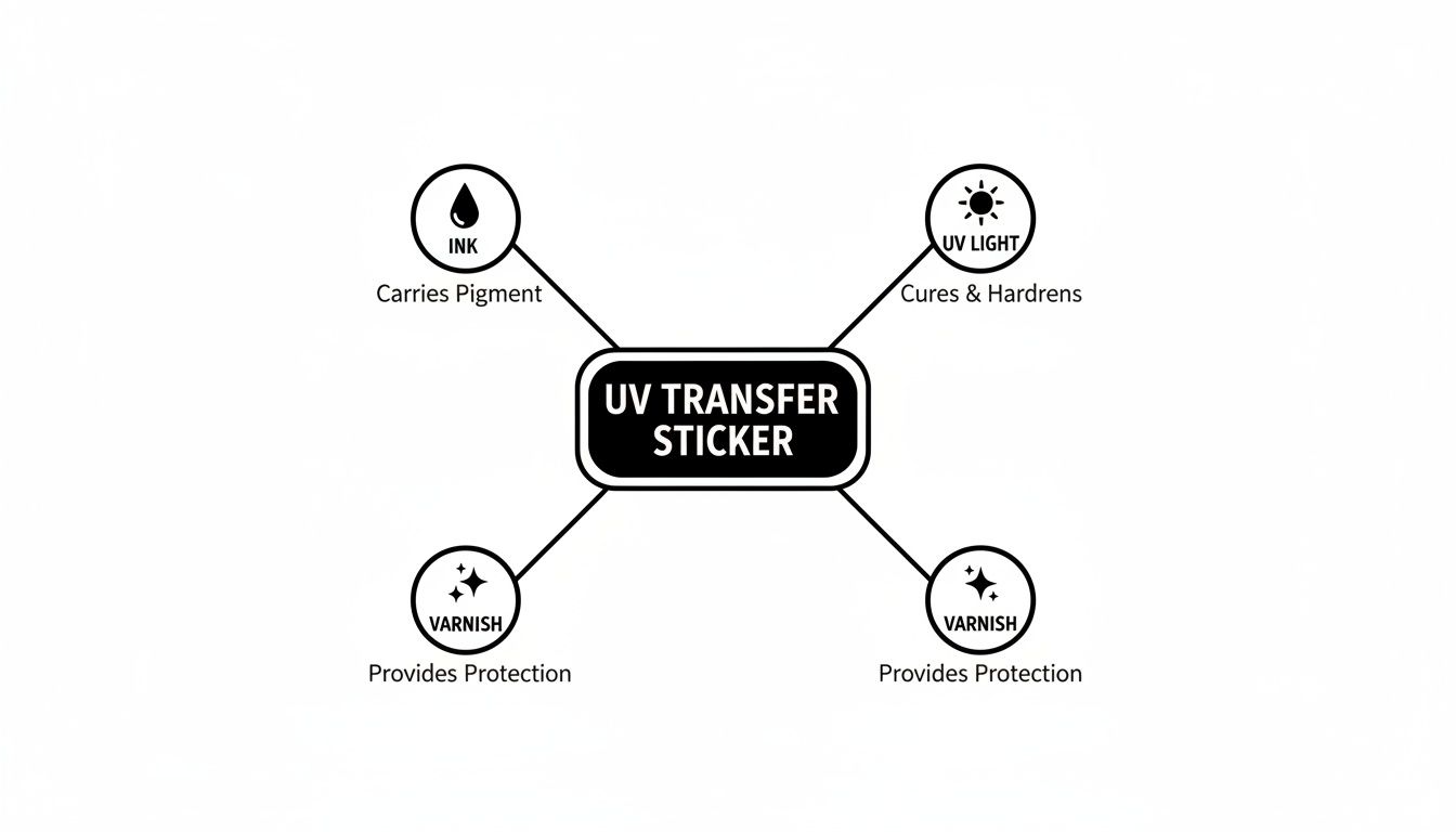 Diagram illustrating the key components of a UV transfer sticker: ink, UV light, and varnish.