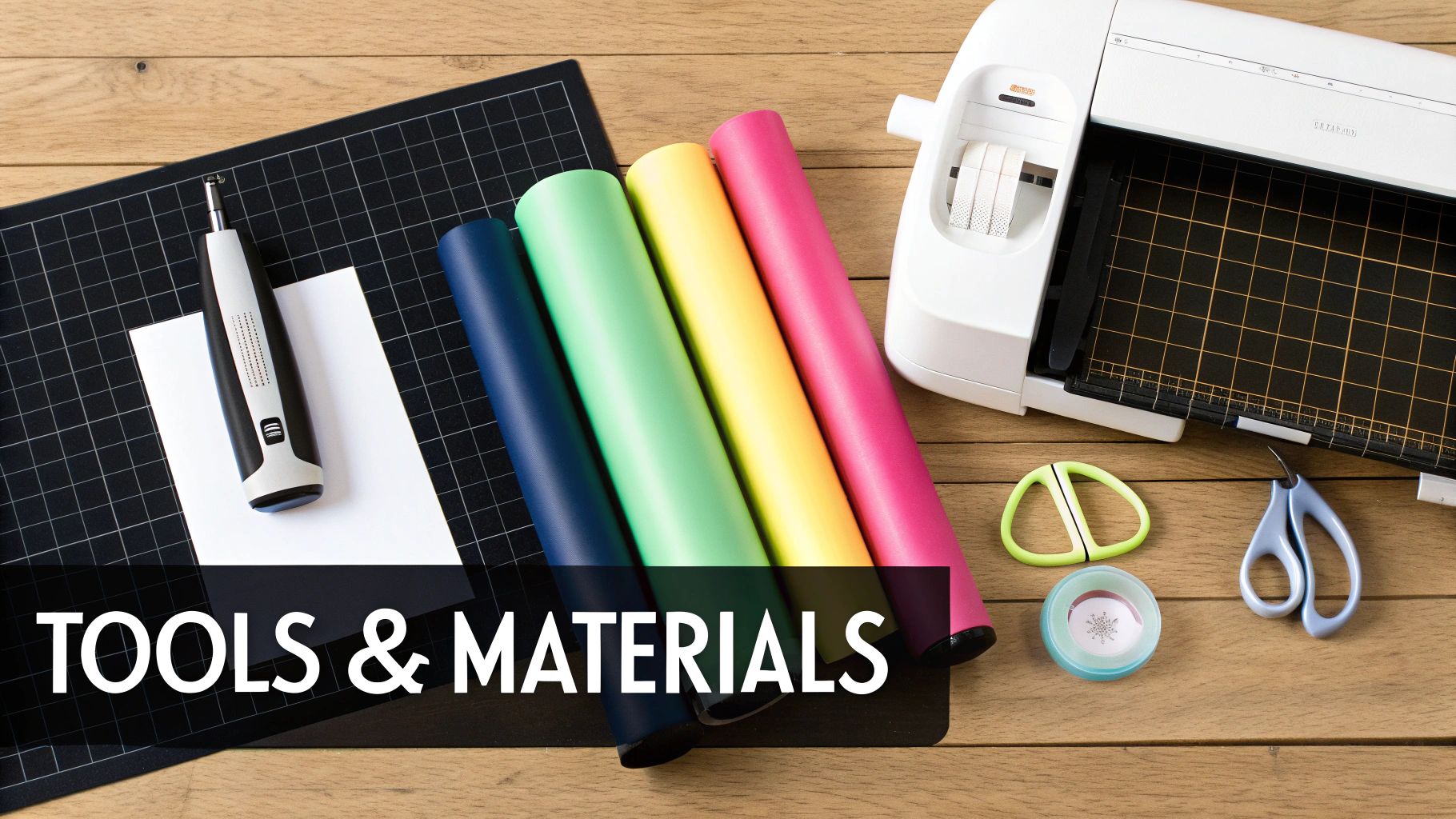 A collection of DIY iron-on transfer tools including a cutting machine, weeding tools, and heat transfer vinyl rolls.