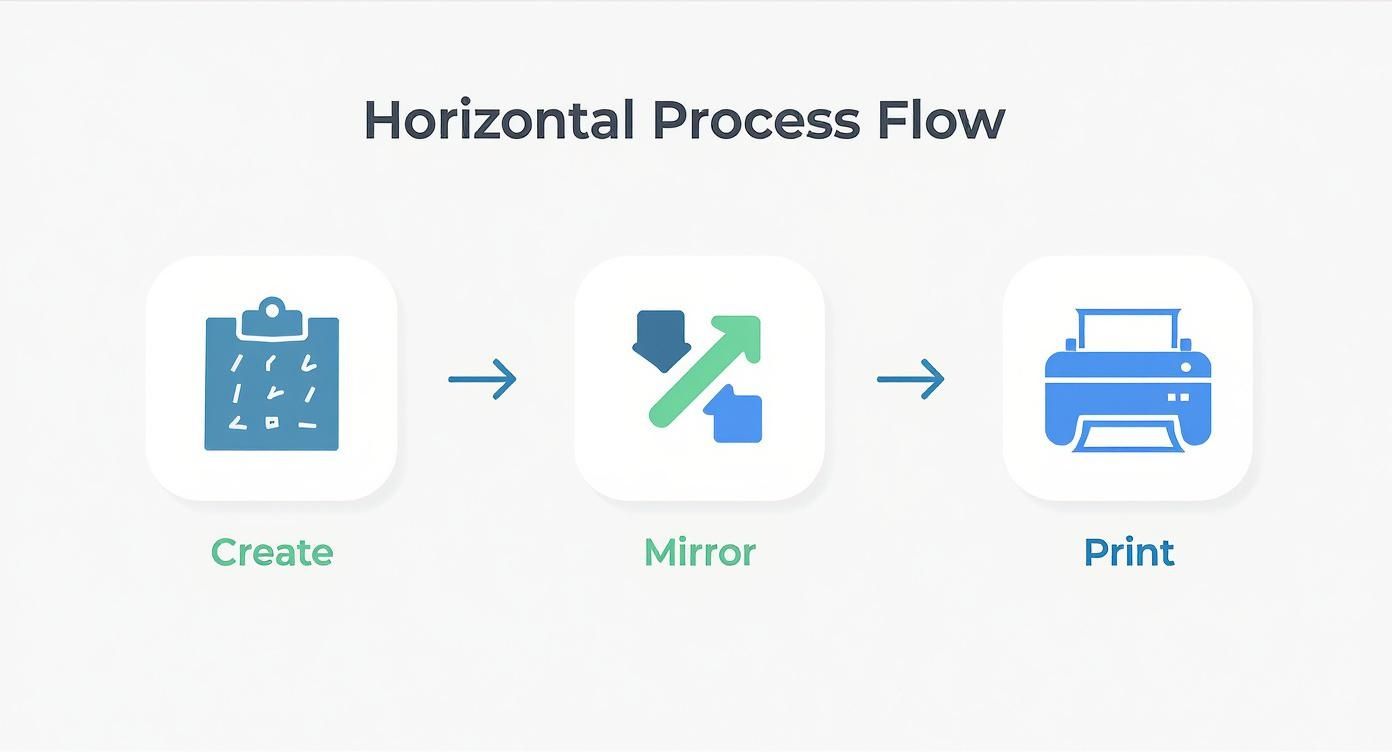 Infographic showing the three-step design prep process: Create, Mirror, and Print.