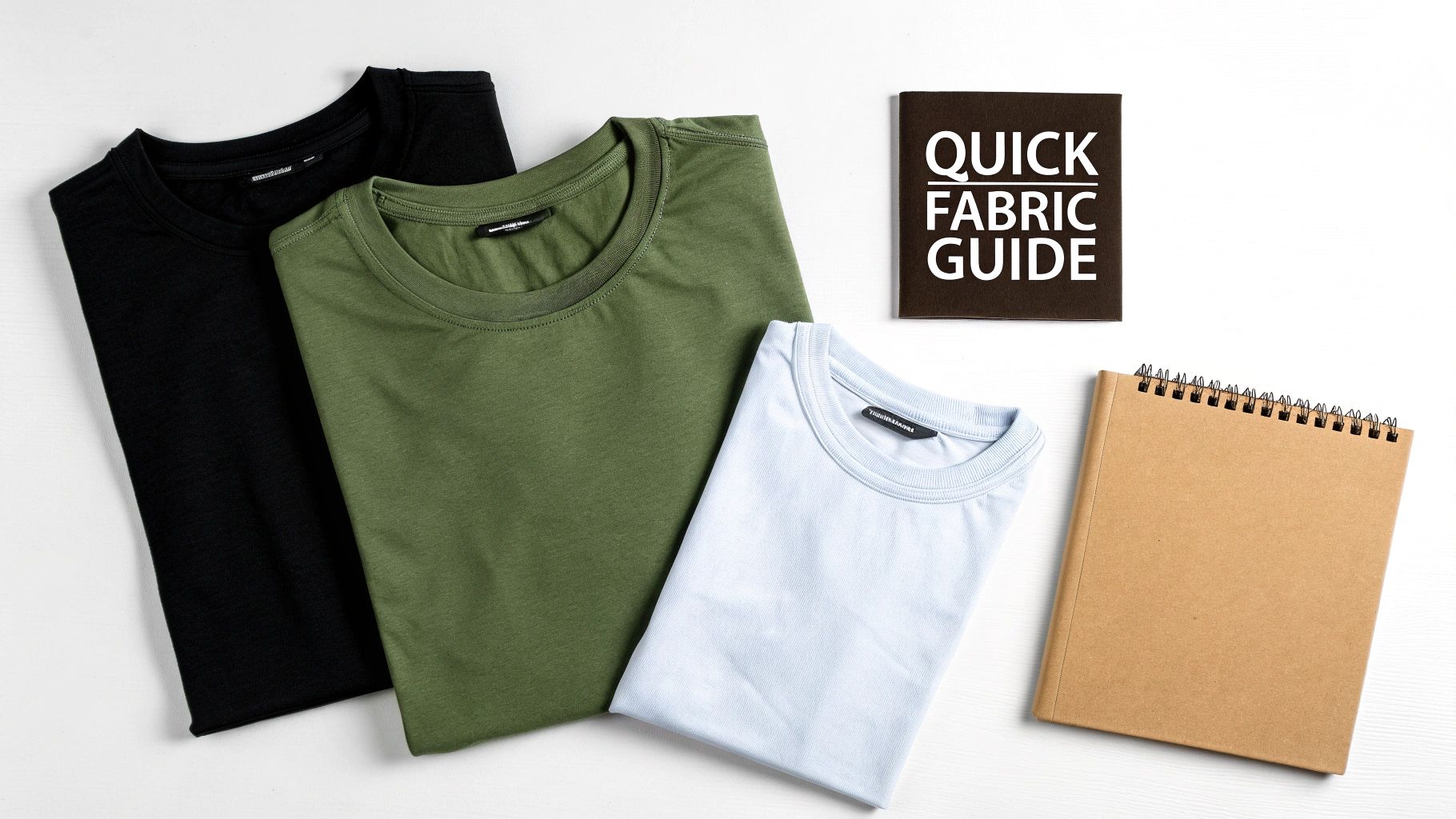 Overhead flatlay of black, green, and light blue t-shirts with a 'Quick Fabric Guide' booklet and notebook.