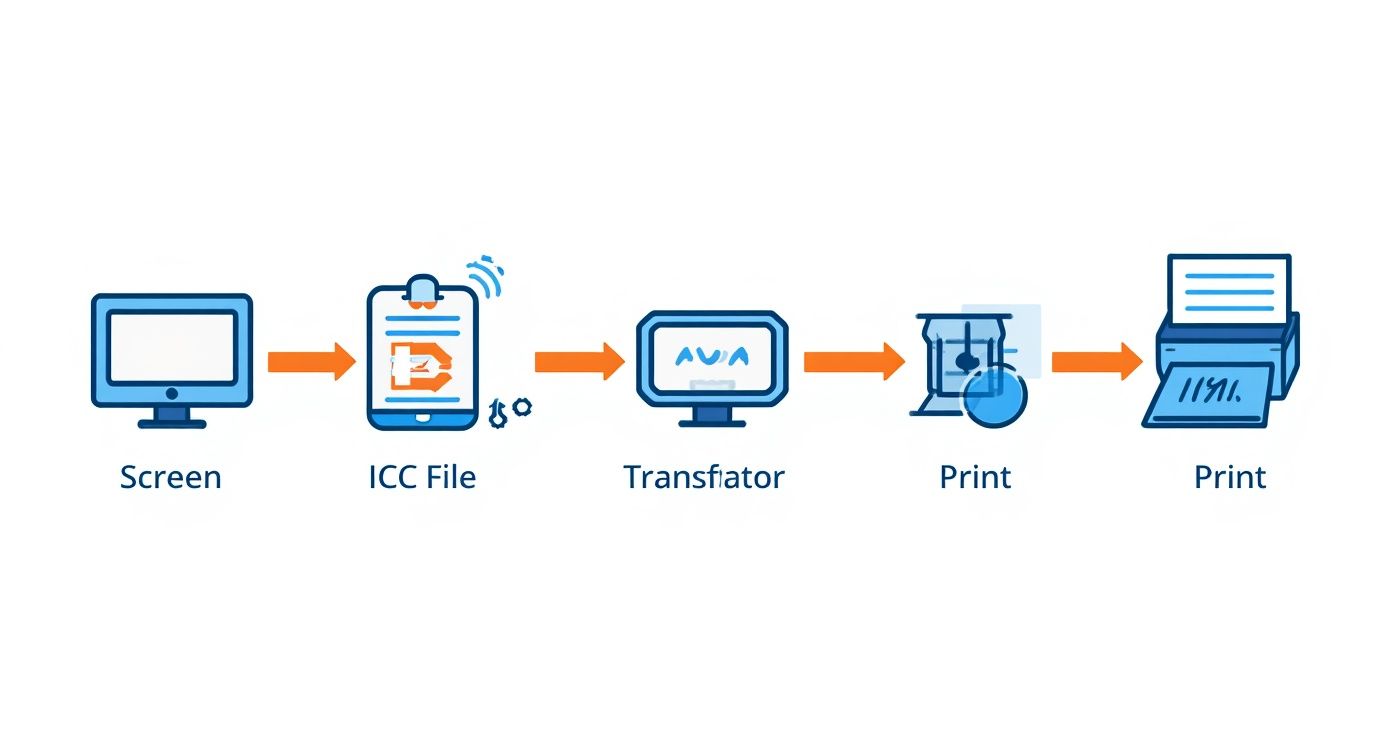Color workflow diagram showing ICC file processing from screen through transfiator to print output