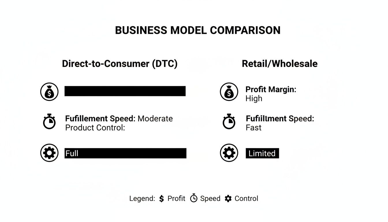 An infographic comparing Direct-to-Consumer and Retail/Wholesale business models, showing profit, speed, and control.