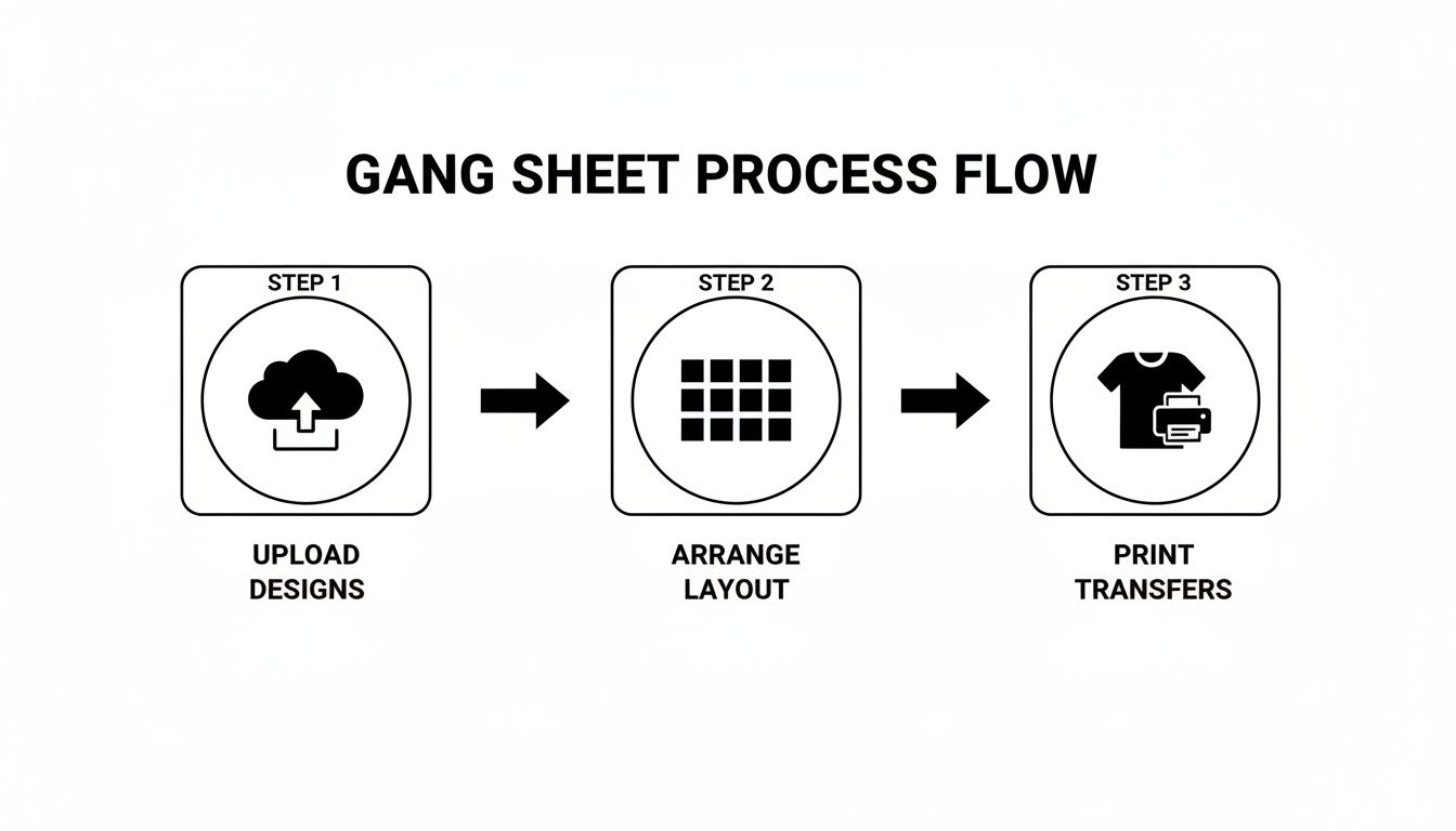 Diagram illustrating the gang sheet process flow: upload designs, arrange layout, and print transfers.