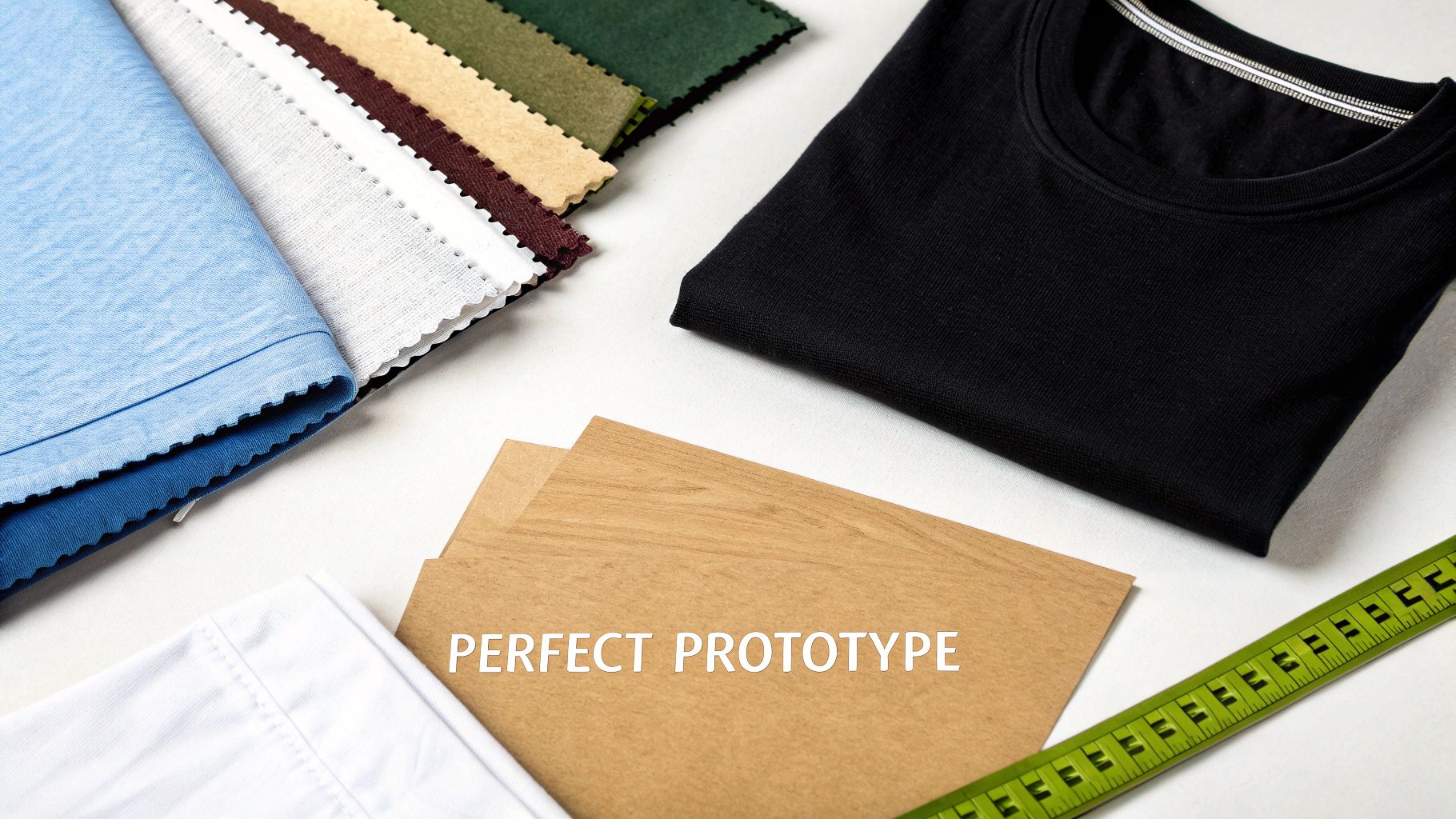 A flat lay shows fabric swatches, a folded black t-shirt, and 'PERFECT PROTOTYPE' text.