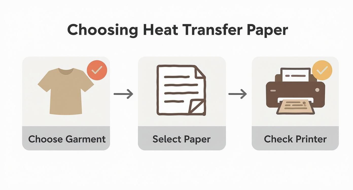 A three-step guide for choosing heat transfer paper: Choose Garment, Select Paper, Check Printer.