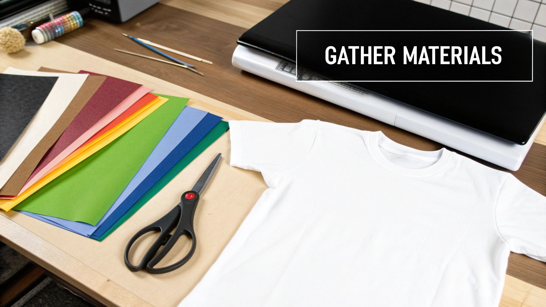 A collection of t-shirt transfer tools including a heat press, transfer paper, and shirts.