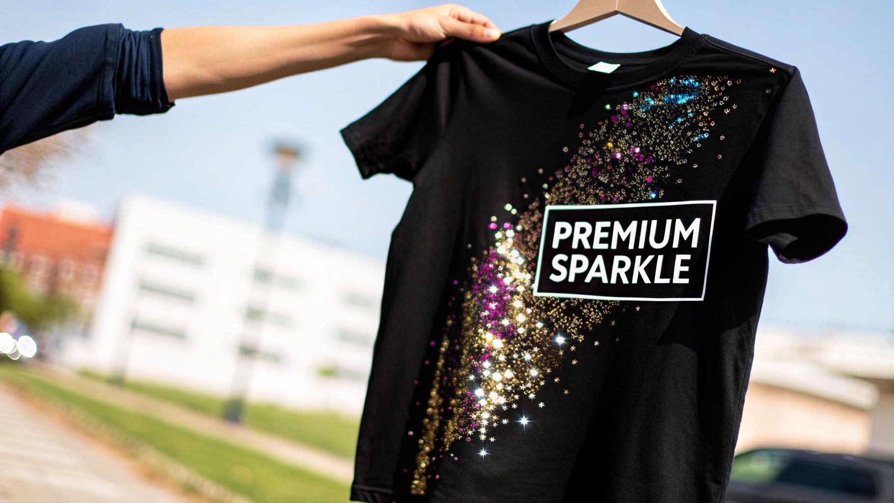A person holds a black t-shirt with a shimmering glitter and 'PREMIUM SPARKLE' design outdoors.