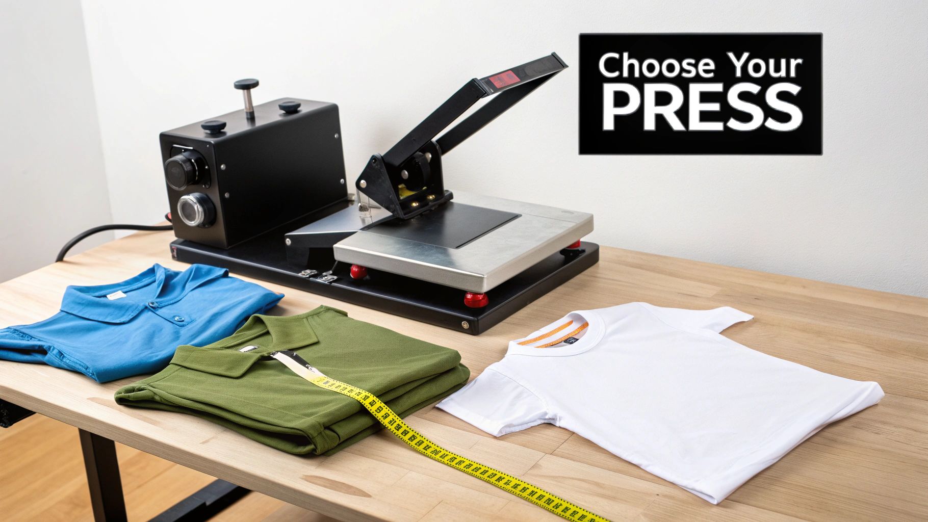 Heat press machine on a wooden table with folded blue, green, and white t-shirts.