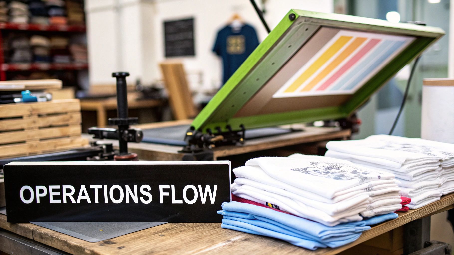 Man operating a t-shirt heat press in a workshop