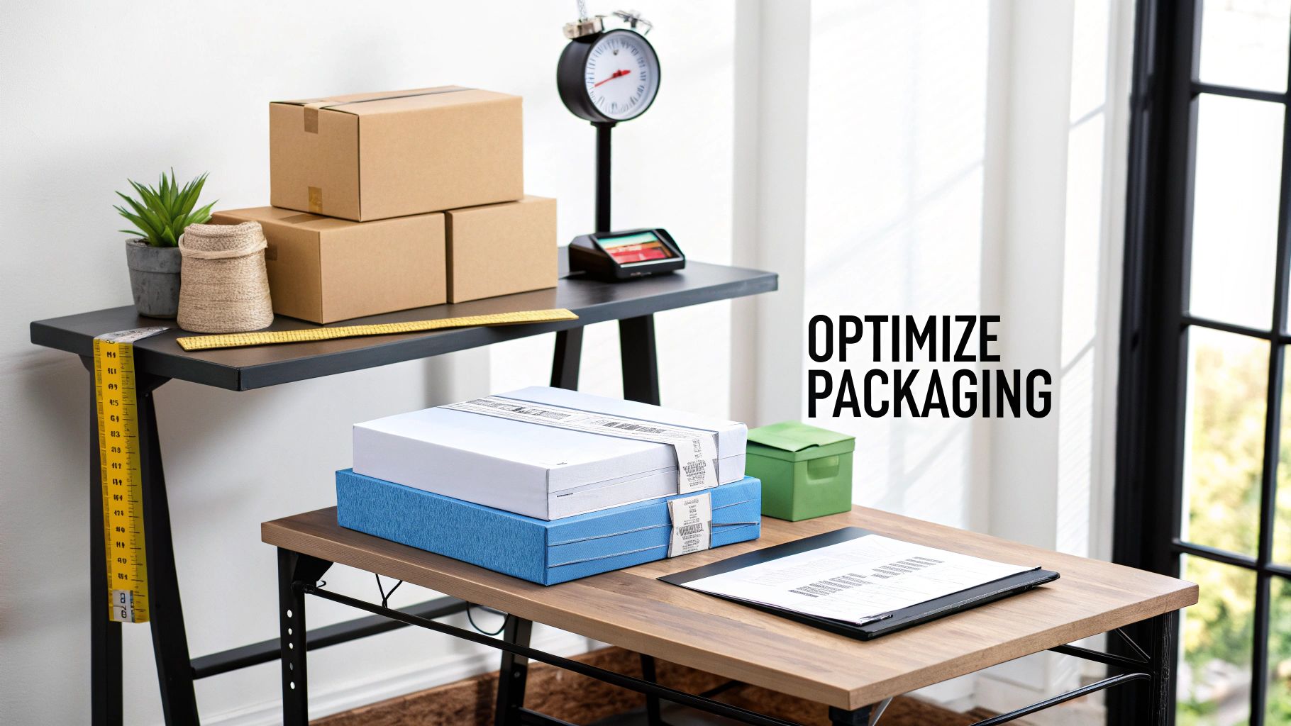 Desk with shipping boxes, a scale, measuring tools, and packages, illustrating packaging optimization.