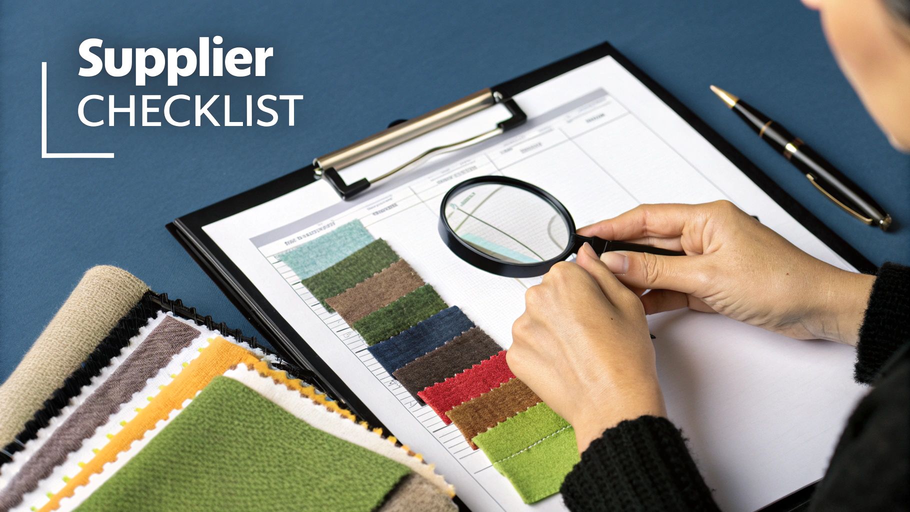Hands examining fabric swatches with a magnifying glass on a supplier checklist for quality control.