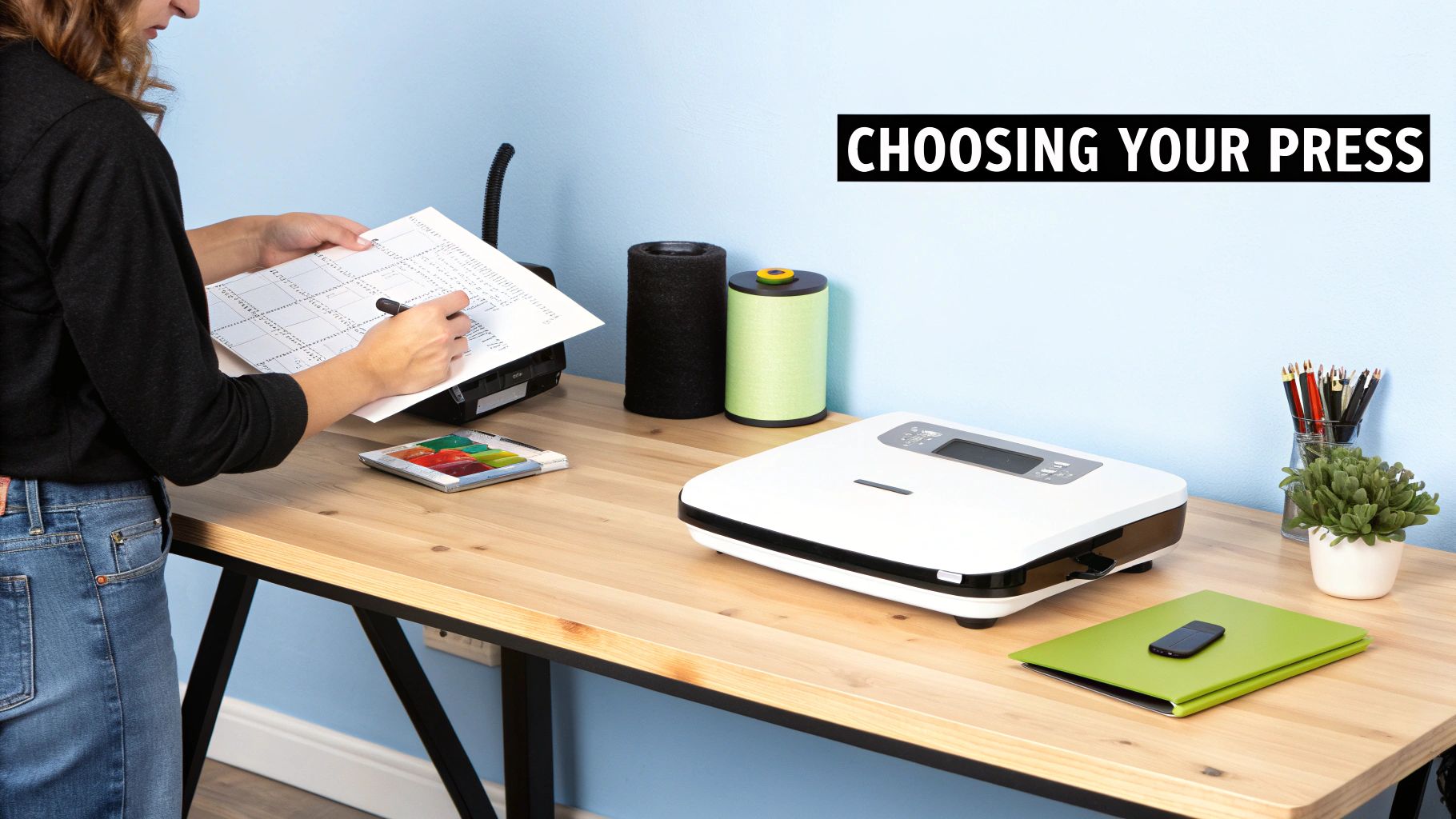 A person using a heat press machine on a t-shirt in a well-lit workshop.