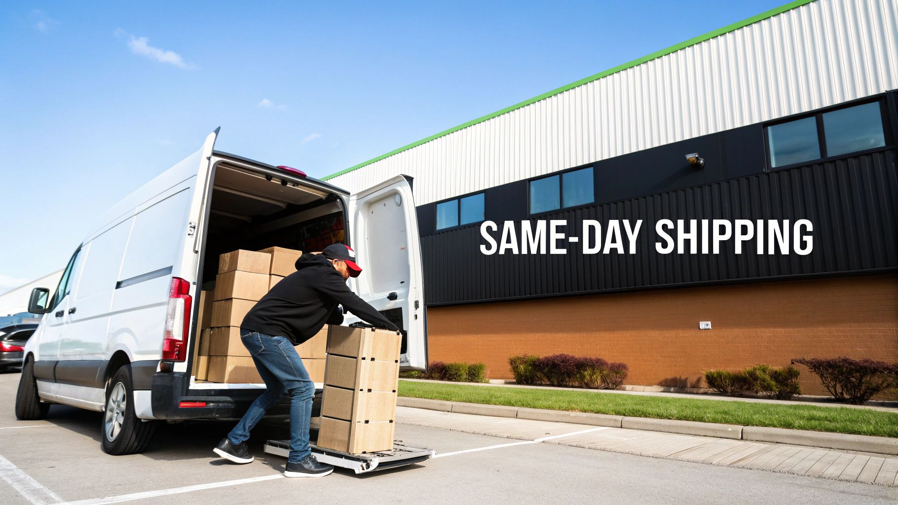 A delivery driver loads cardboard boxes into a white cargo van outside a building with 'Same-Day Shipping' text.
