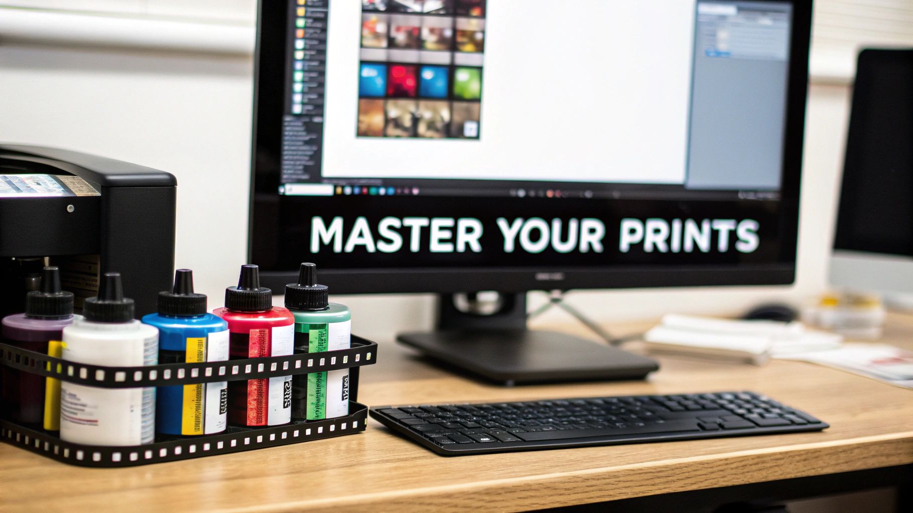 Professional printing workstation with color ink bottles and computer monitor displaying design software interface