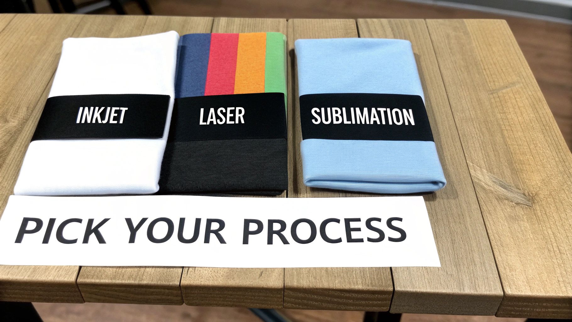 A collection of heat transfer paper sheets for inkjet, laser, and sublimation printers arranged next to a finished custom t-shirt.