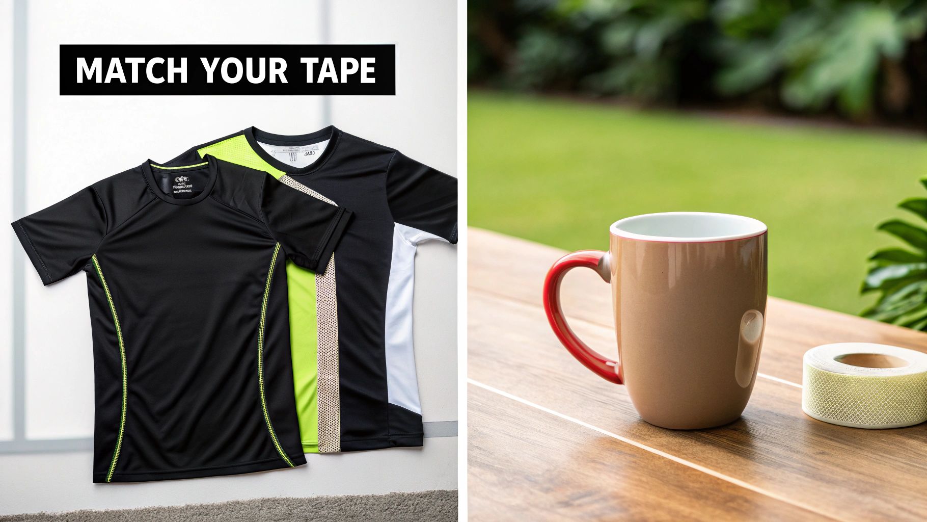Roll of light green mesh tape and athletic t-shirts with 'MATCH YOUR TAPE' text on display.