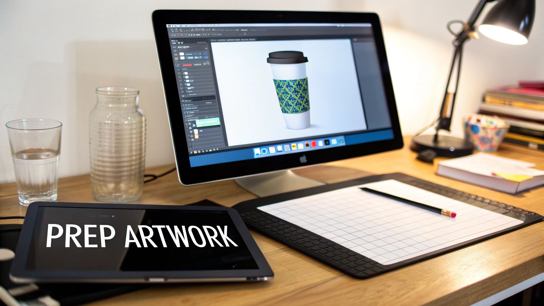 A graphic design workspace featuring an iMac displaying a coffee cup design, a tablet, and a drawing pad.
